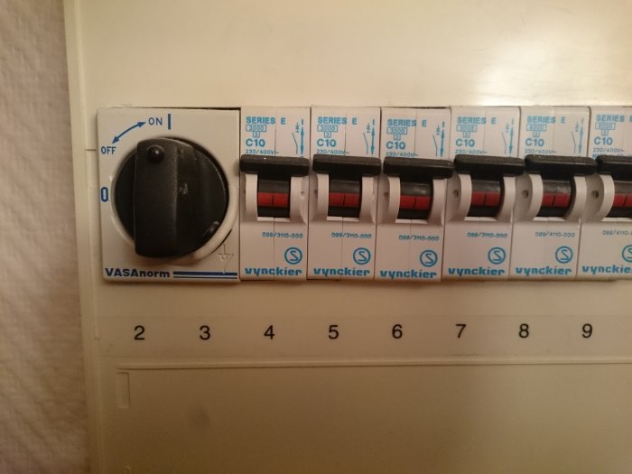 Elcentral med säkringar märkta 10A och en huvudströmbrytare, indikerar kablar på 2,5mm.