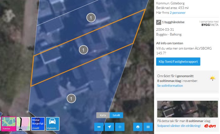 Skärmdump från Hitta.se som visar en tomtmarkering på en karta med information om area och byggfakta.