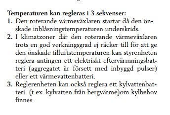 Textavsnitt som beskriver hur temperaturen regleras i tre sekvenser för ett uppvärmningssystem.