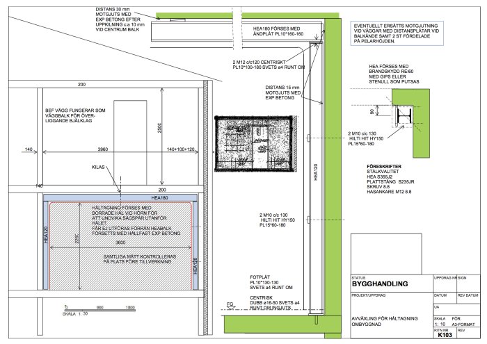 Arkitektonisk ritning av en bärande vägg med märkta mått och instruktioner för stålbalksinstallation.