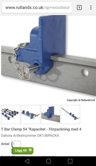 Blå T-Bar klämma med silvermetallstång och kedjesäkerhet, för träbearbetning.