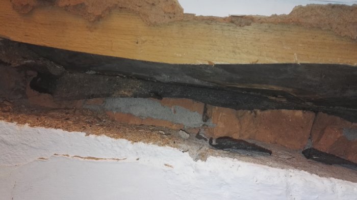 Skadad masonitskiva och brädor med upptäckt trästock och isoleringsspån i källartrappa.