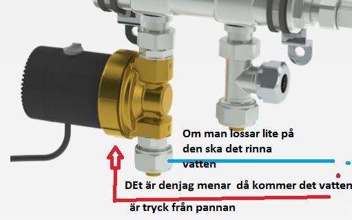 Illustration av rörledningar med markeringar och textinstruktioner för underhåll av värmesystem.