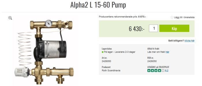 Cirkulationspump för värmesystem, Alpha2 L 15-60, med mässingsventiler och manometer.