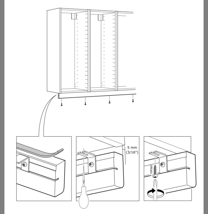 Illustration av en köksskåpsinstallation med dekorlist som döljer LED-ramp och glipa.