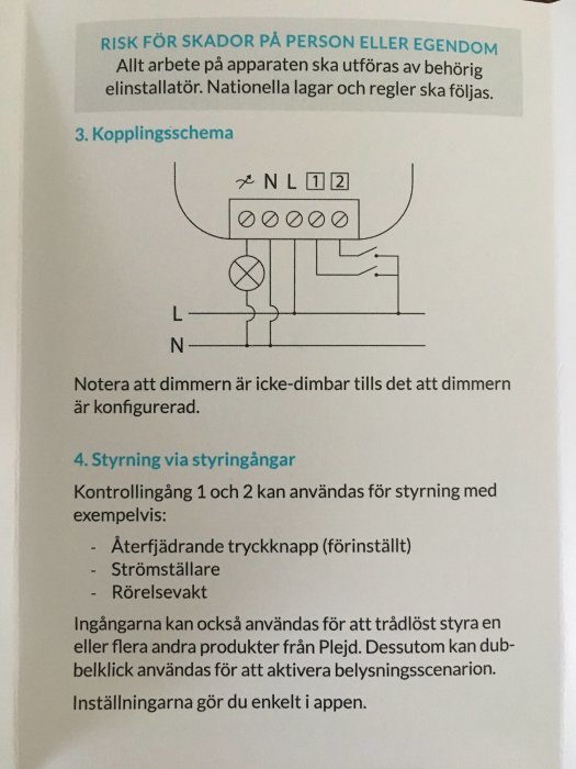 Kopplingsschema från manual för Plejd dosdimmer, visar anslutningar för elinstallation.