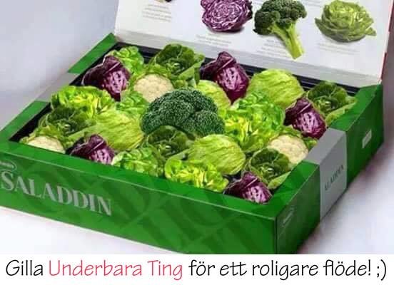 En låda med blandade salladshuvuden som liknar blommor, med texten "Gilla Underbara Ting för ett roligare flöde! :)