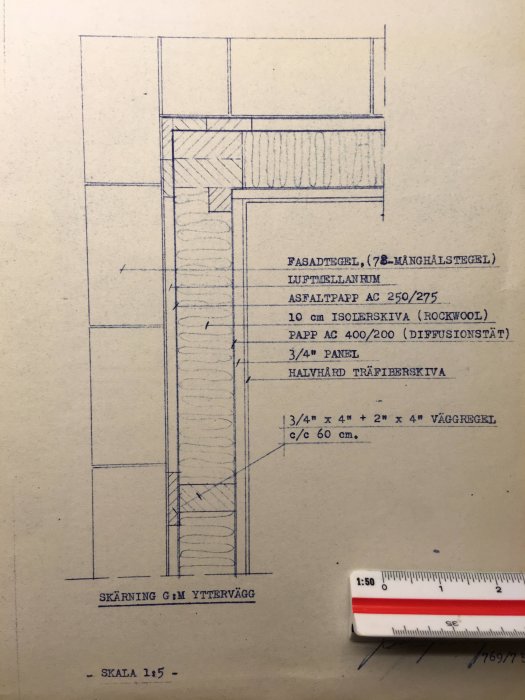 Äldre teknisk ritning av en ytterväggskonstruktion med mått och materialspecificerad, med fokus på en viss del nära ett fönster.