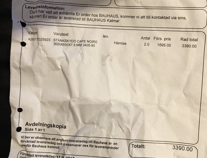 Skrynkligt kvitto från Bauhaus med text och siffror som visar köp av STÄNKSKYDD CAPE NOIRE för totalt 3390 kronor.