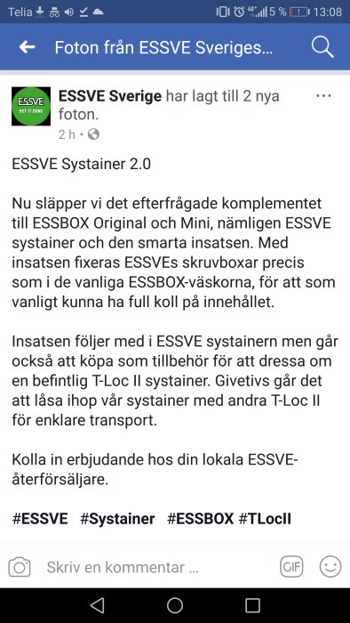 Skärmdump av en social media post från ESSVE Sverige om lanseringen av nya systainer 2.0.