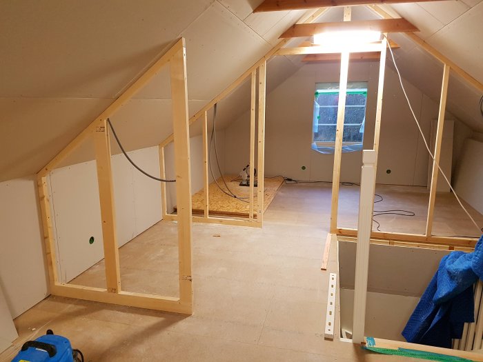 Reglade väggar i ett byggprojekt på vinden med plats för eldosor före installation av osb och gips.