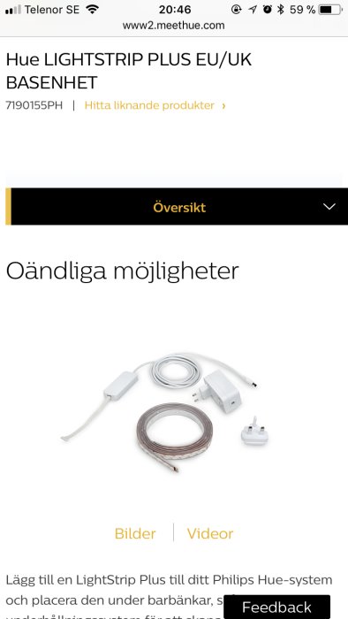 Hue Lightstrip Plus set med strömförsörjning och ljusslinga mot vit bakgrund, förslag för infälld belysning.