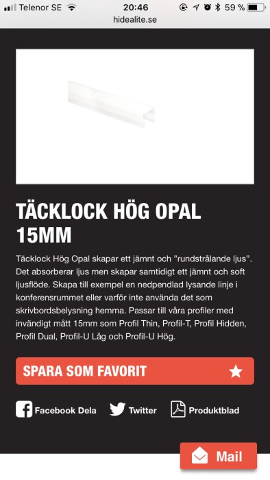 Opalvit täcklock för LED-profil i vit bakgrund, lämplig för jämn ljusspridning.