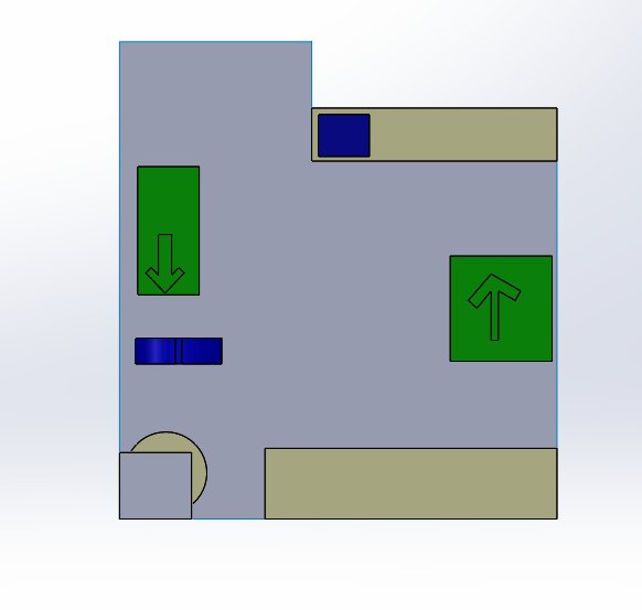 3D-layout av en verkstad med färgkodade maskiner och arbetsstationer mot en blå bakgrund.