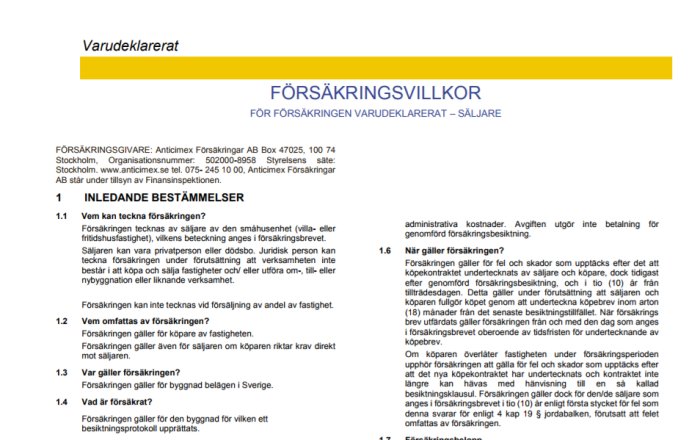 Dokument med titeln "Försäkringsvillkor" som visar försäkringens omfattning för varudeklarerat – säljare.