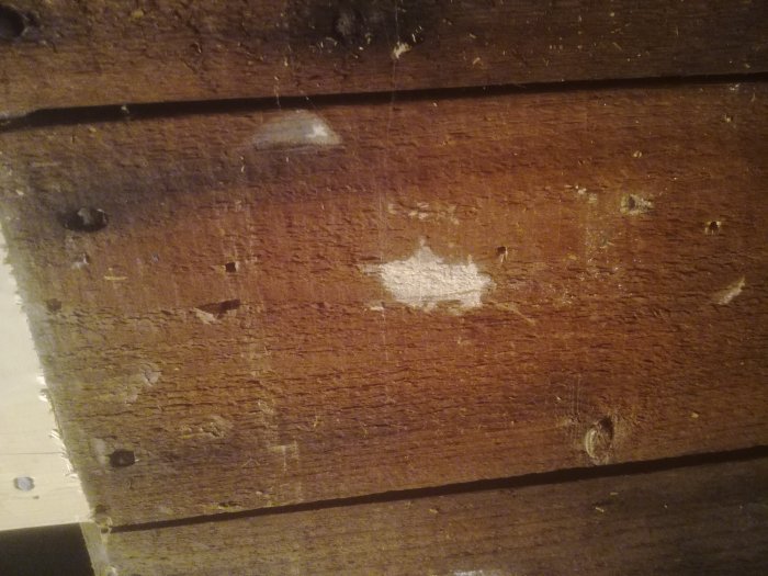 Gammalt träplank med vita fläckar och spikhål, nära en vägg, diskussion om att byta eller behålla i renoveringsprojekt.