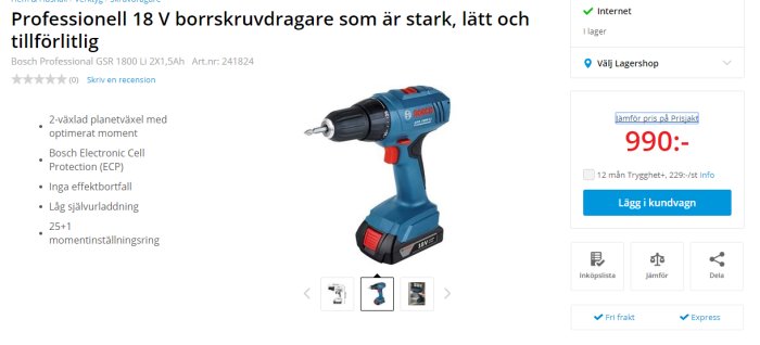 Bosch Professional 18V borrskruvdragare, blå och svart, med batteri.