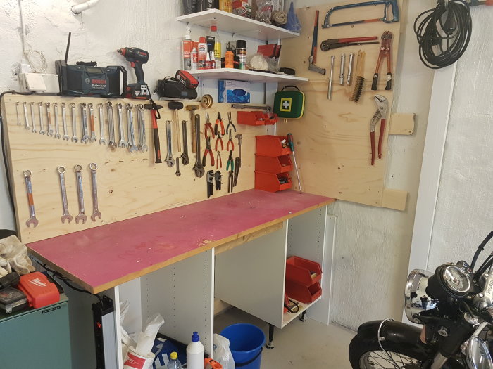 Organiserad verktygsvägg med uppmärkta verktyg framför en arbetsbänk med rosa slitskikt och diverse arbetsmaterial.
