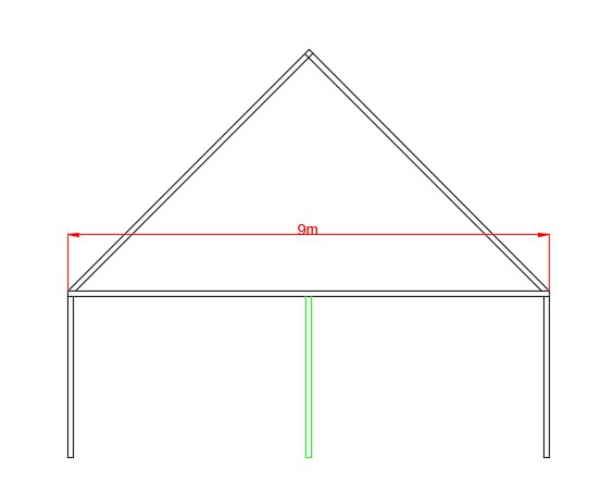 Schematisk ritning av takstol med en markerad grön stolpe i mitten och röda måttangivelser.