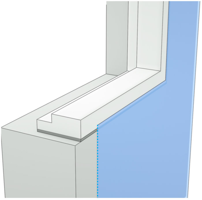 Illustration av ett liggande fönster i duschen med korrekt tätskikt applicerat på karmen.