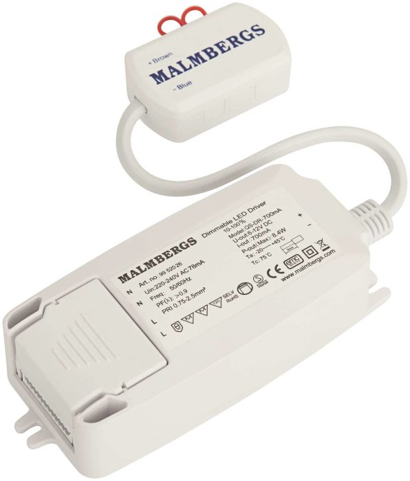 Dimbar LED-driver från Malmbergs, modell MD-305, med tekniska specifikationer tryckta på enheten.