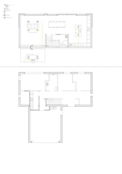 Två våningsplan med markerade eluttag och nätverksplanering i en husritning.