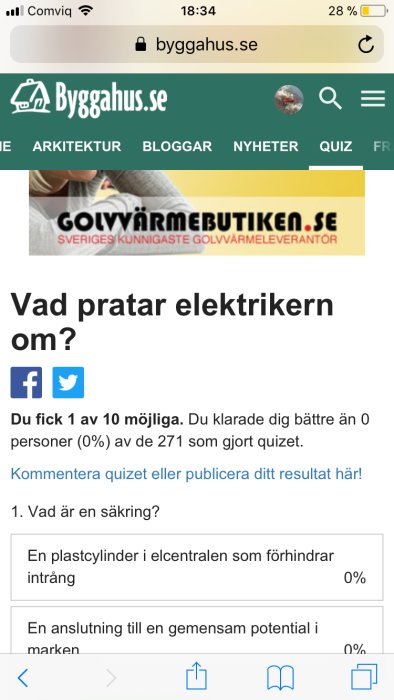 Skärmdump av quizresultat visar "Du fick 1 av 10 möjliga" på byggahus.se trots att användaren fick 10 rätt.