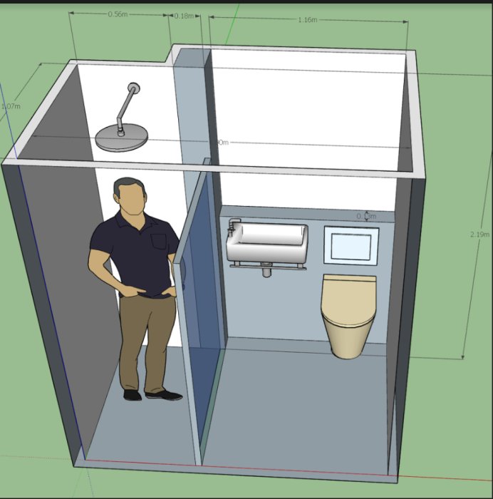 3D-skiss av ett badrum med måttangivelser, glasvägg, toalett och en person. Dusch, handfat saknas.