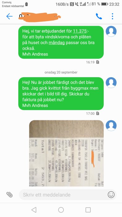 Skärmbild av SMS-konversation och foto av kvitto relaterat till byggprojekt.