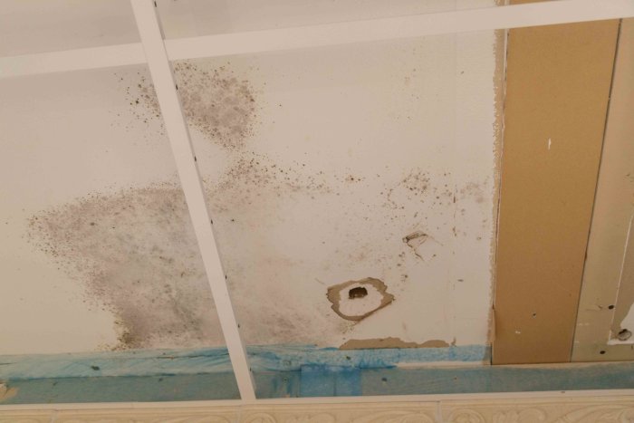 Mögelfläckar och hål i badrumstak med synlig kall luftström.