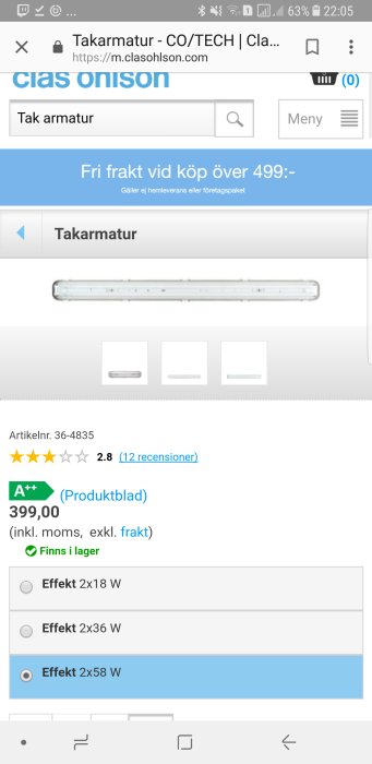 Skärmdump av en onlinebutik med en takarmatur och valmöjligheterna för effekt, 2x58 W markerad.