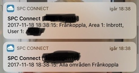 Skärmdump av dubbla push-notiser från SPC Connect med olika meddelanden om larmstatus.