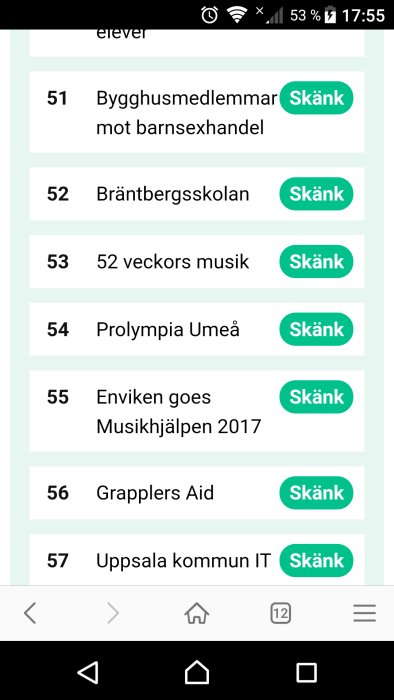 Skärmbild av en lista på ett mobilgränssnitt med olika projekt som har en 'Skänk'-knapp.