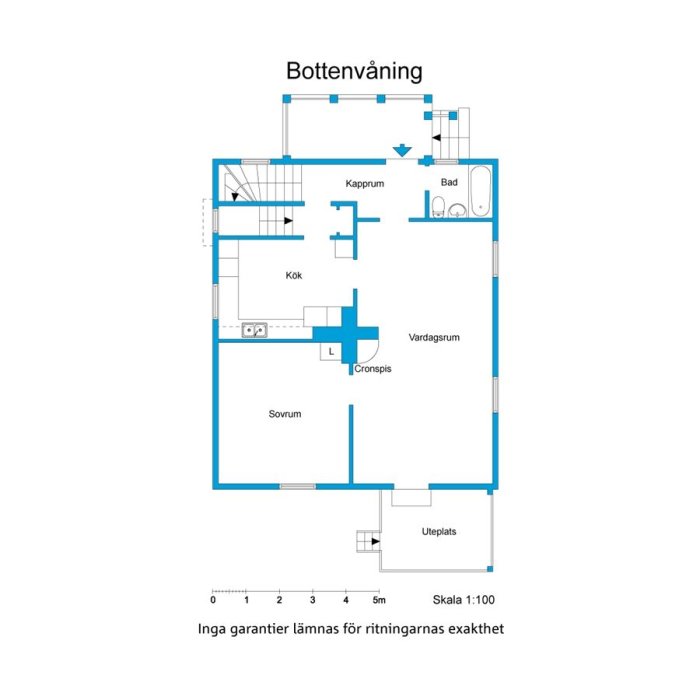 Planritning av bottenvåningen i ett hus byggt 1930 visar kök, vardagsrum, sovrum, bad, och kapprum.