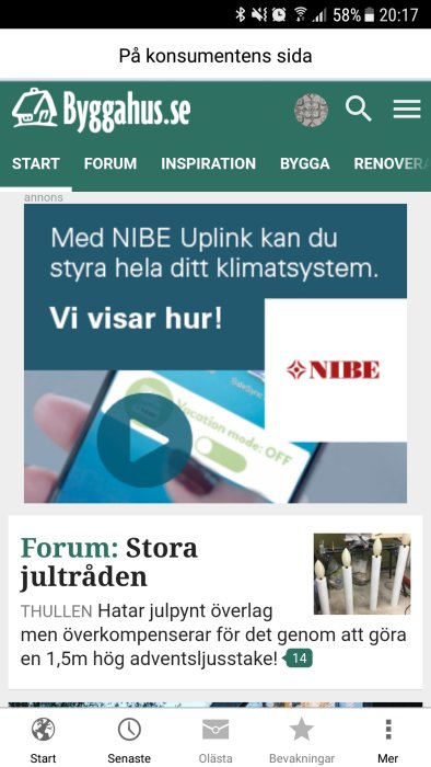 Skärmdump av en diskussion på Byggahus.se forum där en användare rapporterar problem med stjärnknappen på sin nya mobil.