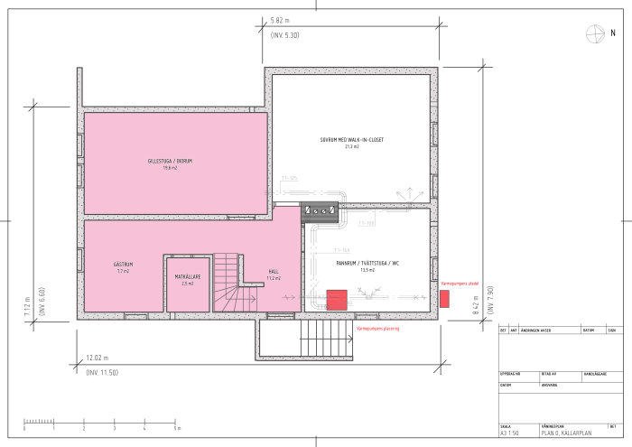Arkitektonisk ritning av en källarplanlösning med markerade utrymmen för gäststuga, sovrum med walk-in-closet och kombinerat pannrum, tvättstuga och WC.