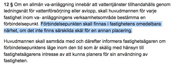 Skärmdump av lagtext om vatten- och avloppstjänster som diskuterar förbindelsepunktens placering.
