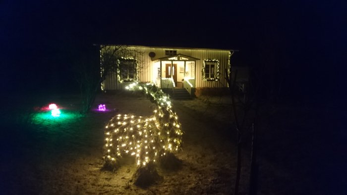 Julbelysning formad som en stor bock framför ett hus med upplysta fönster och dörr, i mörk omgivning.