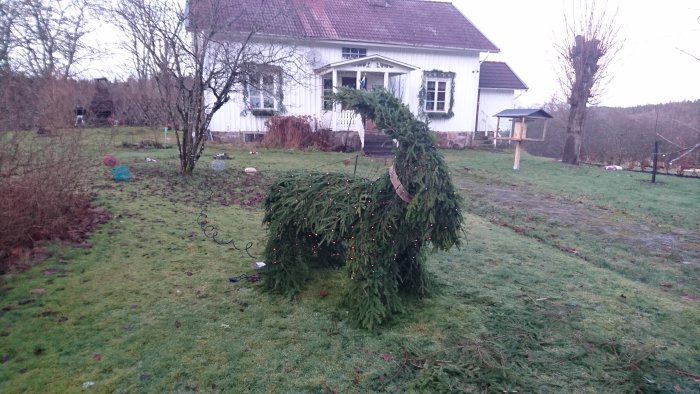 Stor julbock gjord av granris med julbelysning framför en vit villa.