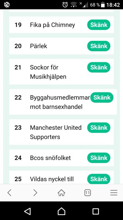 Skärmavbild av insamlingslista för Musikhjälpen med alternativ för donationer.