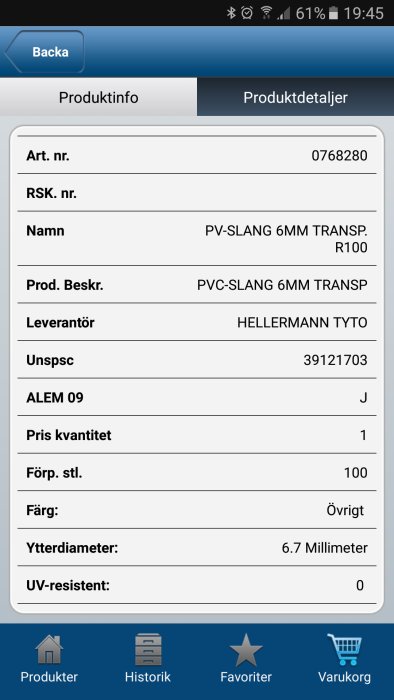 Skärmbild av produktdatablad för transparent PVC-isolerslang 6mm från HellermannTyto.