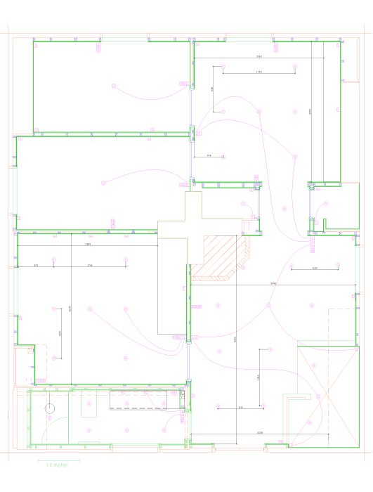 CAD-ritning som visar planeringen av elinstallationer i en övervåning med markerade spottar och kabelföringar.