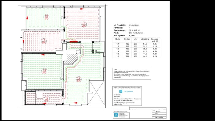 CAD-planritning som visar förläggningen av golvvärmeslingor i olika rum med teknisk information.
