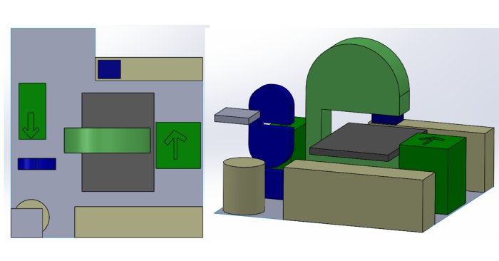 3D-modell av geometriska former och block i olika färger ordnade centralt på en yta.