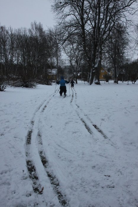 Nydragna skidspår i snö med personer som åker skidor i trädgårdsmiljö.