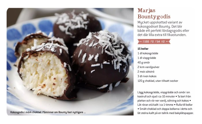 Hemgjort Bountygodis med mörk choklad och riven kokos på en blåvitrutig tallrik.