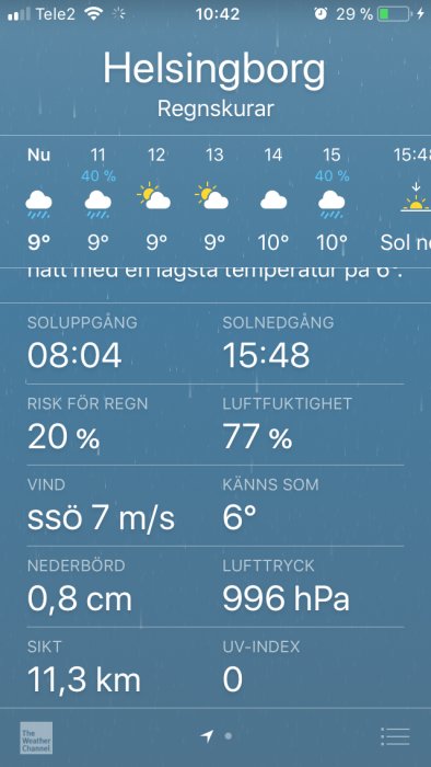 Väderappskärm som visar 9°C, regnskurar och vind på 7 m/s i Helsingborg.