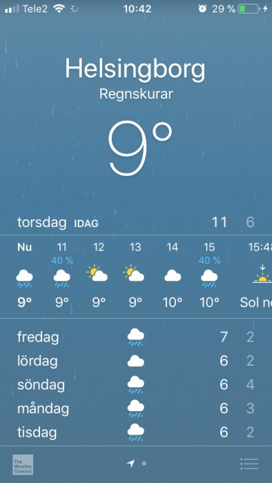 Väderappskärmdump som visar 9 grader och regnskurar i Helsingborg med veckans väderprognos.