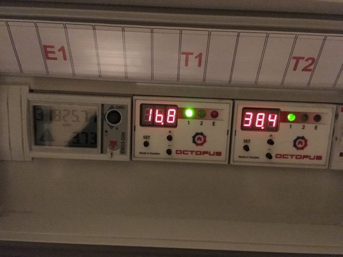 Värmepumpens display visar 16.8°C ute och 38.4°C i framledningen, indikation på energianvändning.