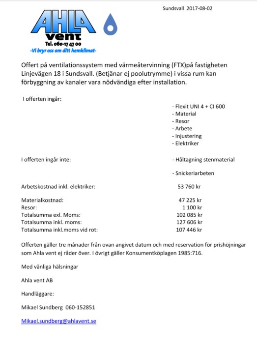 Offertdokument för ventilationssystem från Ahla Vent med prisdetaljer och kontakinformation, daterad i Sundsvall.